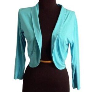 Bali Batiks Size S Cropped Cardigan Bolero Shrug Blue Open Front Top Long Sleeve